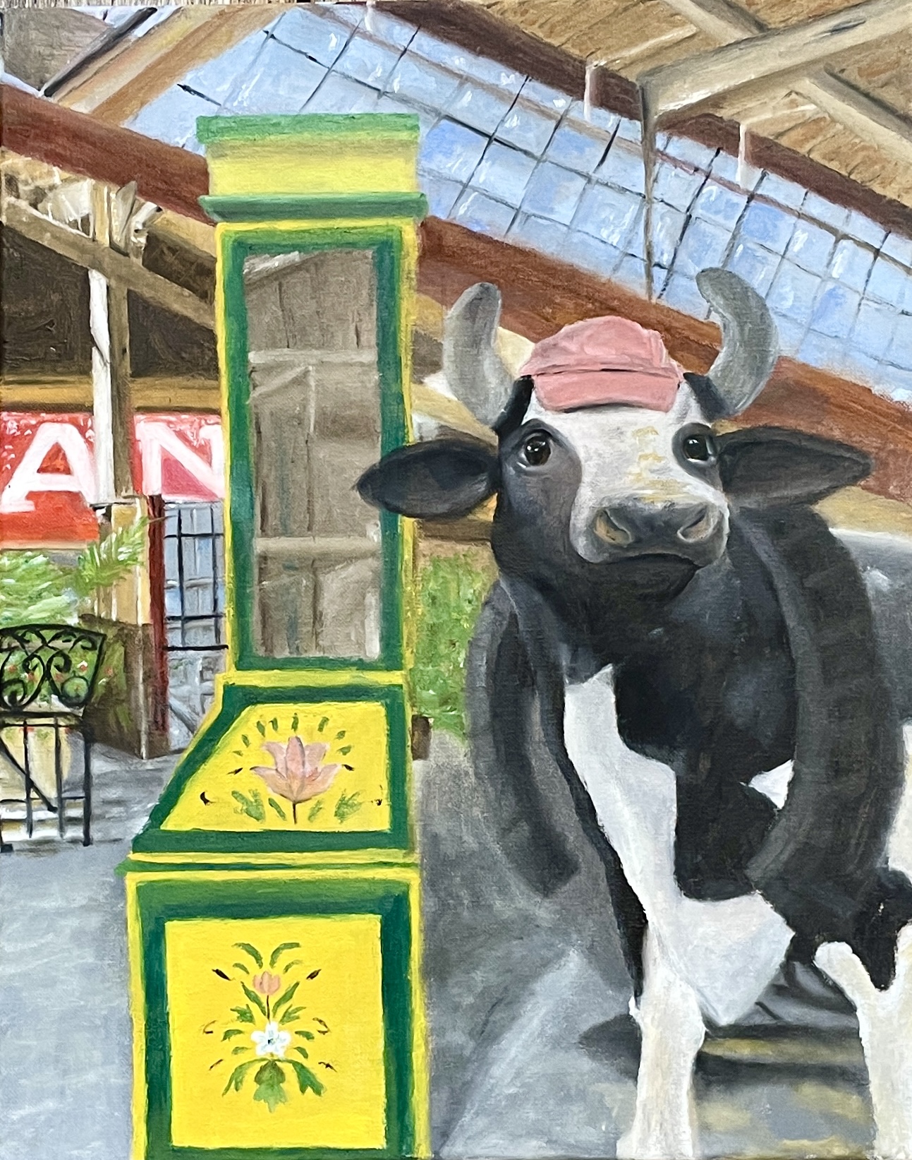 A painting of a cow wearing a baseball cap and a floral china cabinet.