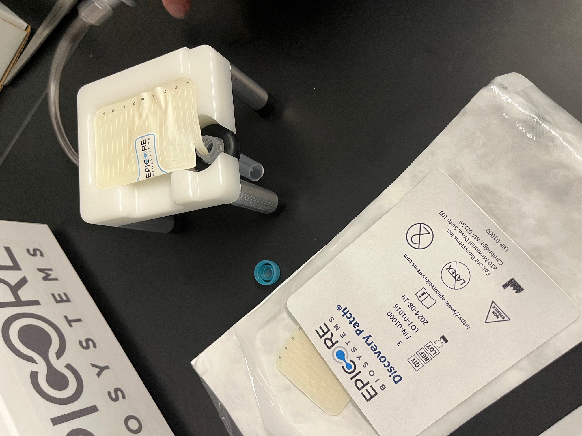 Photograph of a sweat patch being processed to detect biomarkers