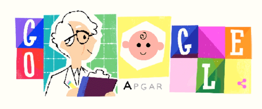 Google doodle of Apgar assessing babies