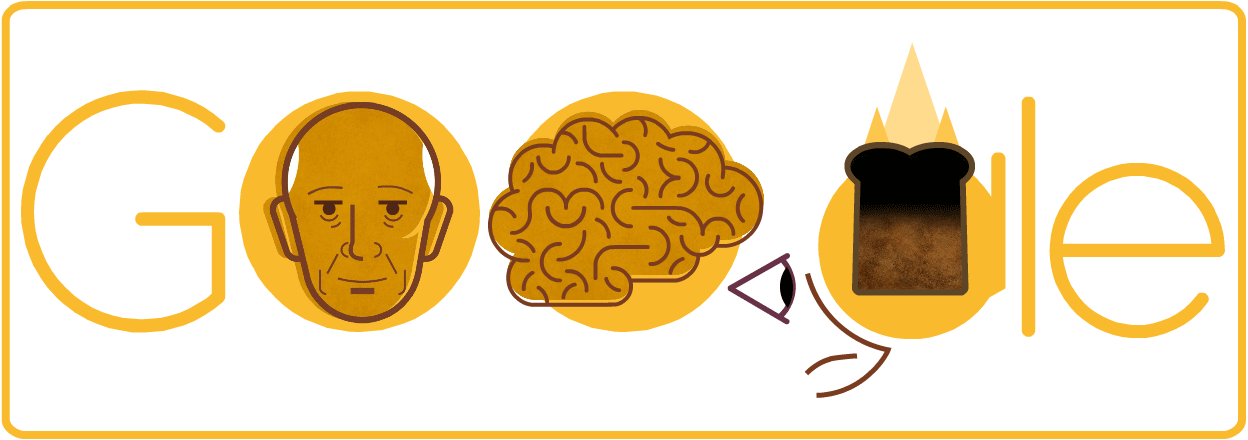 Animated gif shows the Google logo with the Os and the second G replaced with a man's face, a brain, and a burnt piece of toast