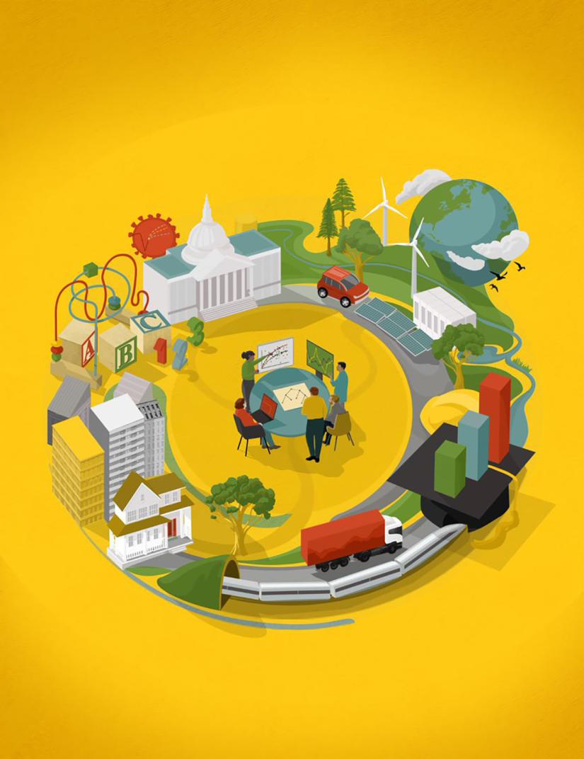 An illustration of people working around a table with a circular track of cars, buildings, and children's toys surrounding them