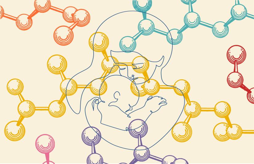 Chemical elements with a line drawing of a mother and child