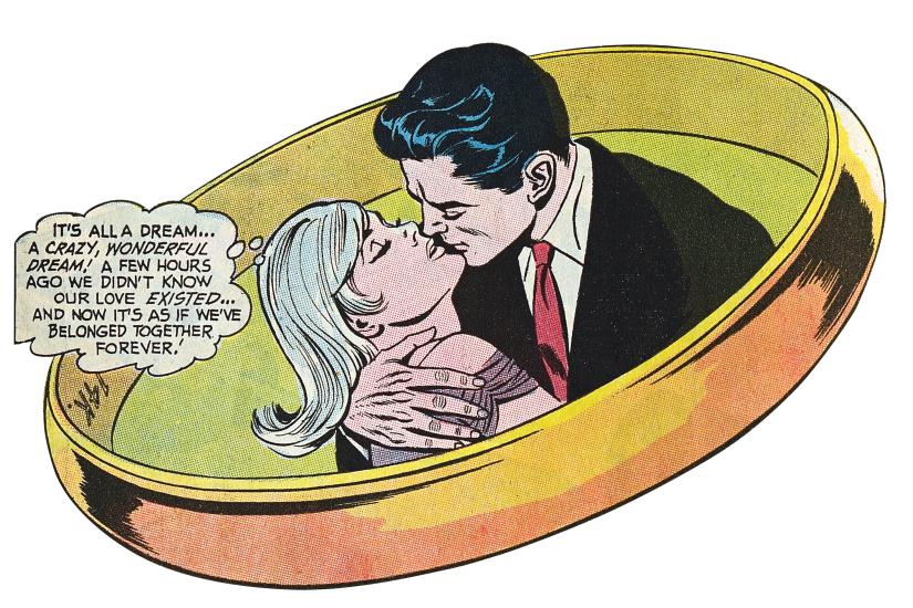 Comic book panel featuirng a man kissing a woman. Above the woman's head is a speech bubble reading: 