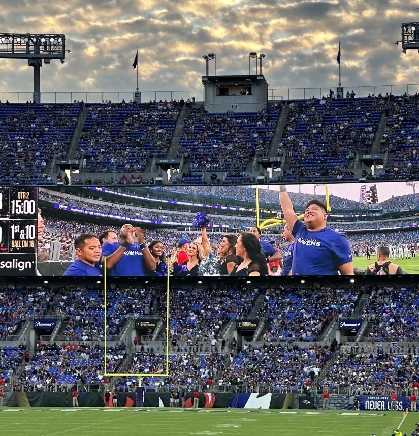 A group of Ravens cheerleaders are shown on the jumbotron at M&T Bank Stadium.