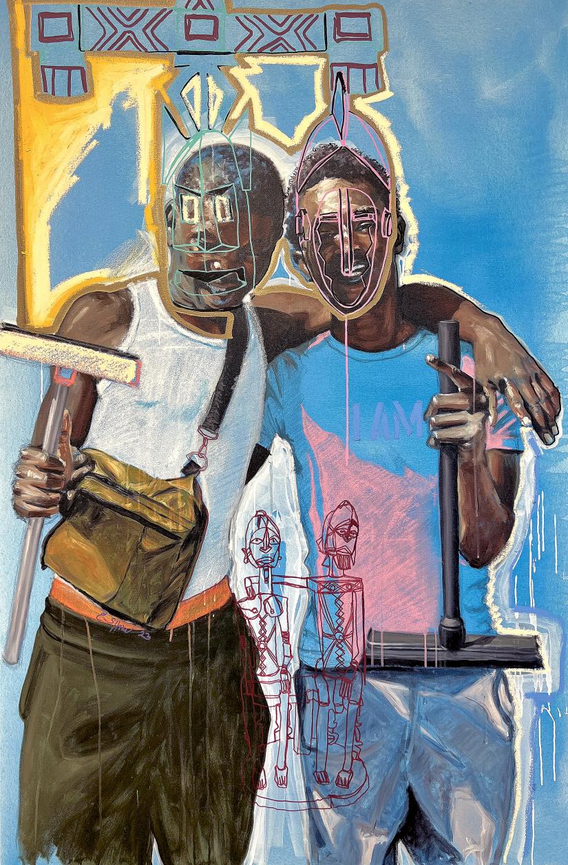 A colorful painting of two figures holding squeegees