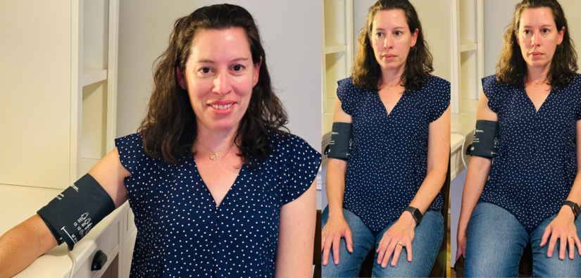 A person demonstrates three common seated positions for blood pressure testing