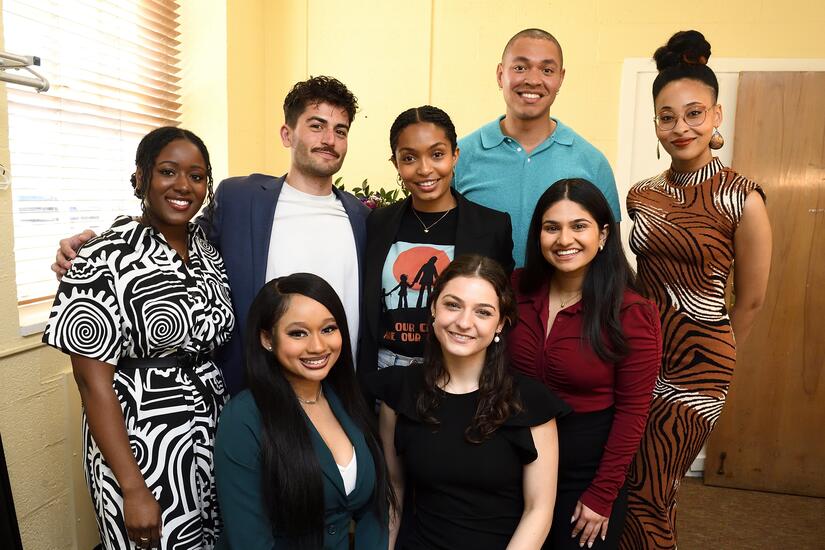 A group photo of Brittni Moore, Nico Macaluso, Yara Shahidi, Dezmond Cole, Amaiya Santiago, Diamond Draft, Eden Teodrorovici, and Anika Mistry.