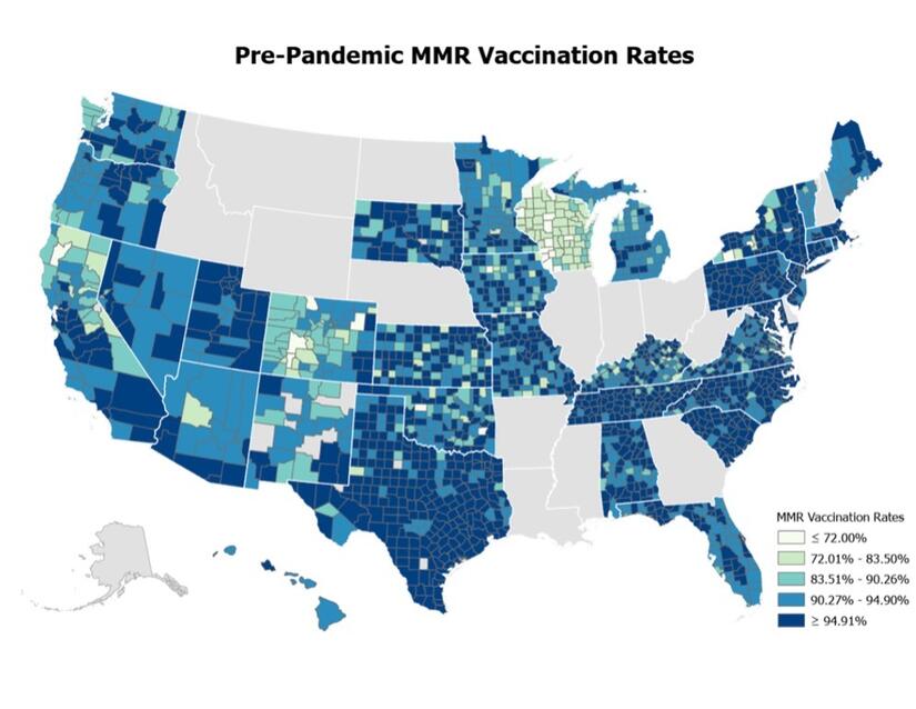 A map of the U.S. showing pre-pandemic MMR vaccination rates