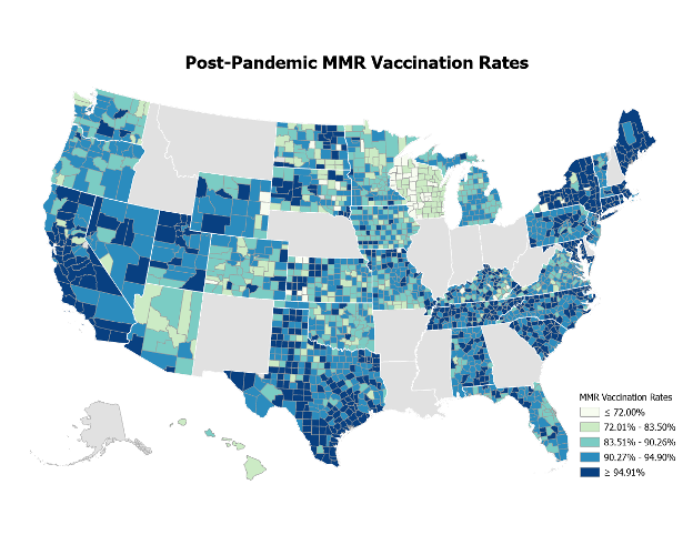 U.S. map showing post-pandemic MMR vaccination rates