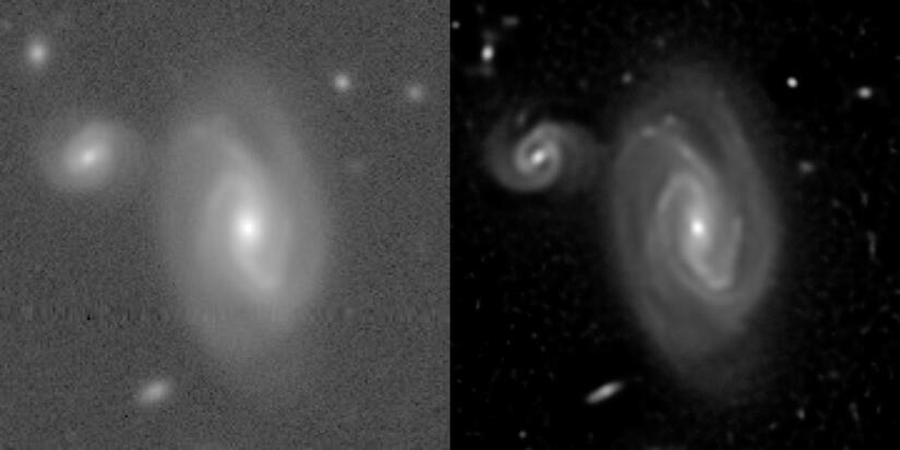 Comparison of an image from the Hyper Suprime-Cam, an ultra-wide-field camera mounted on the Subaru Telescope (left), with an image produced by the new ImageMM algorithm  (right). The image on the left is of similar quality to images typically used in practice.