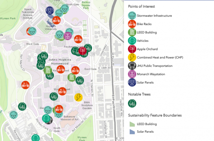 The GIS Information Map provides a guide to sustainable points of interest throughout the Homewood campus.