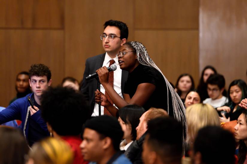 Students ask questions of Boots Riley at Foreign Affairs Symposium