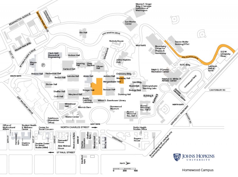 campus map shows areas of construction in front of Krieger and Ames Halls, Macauley Hall, and along Wyman Park Drive and San Martin Drive