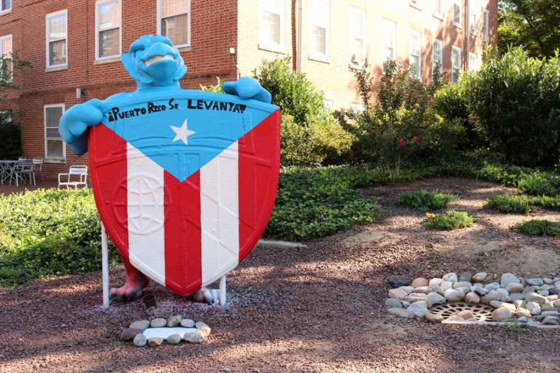The Blue Jay statue outside the Fresh Food Cafe painted with the Puerto Rican flag