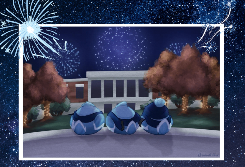 Illustration of three Blue Jays looking toward a university building at night with fireworks in the distance