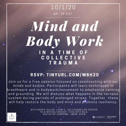 Flyer for Mind and Body Work event contains event details like time and location