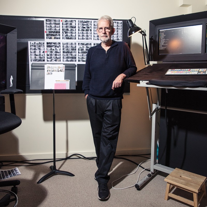 Walter Murch stands in his film editing studio