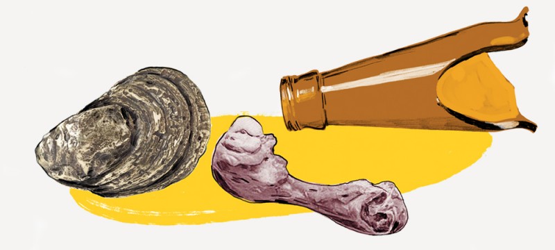 Illustration shows a ham bone, oyster shell, and broken bottle