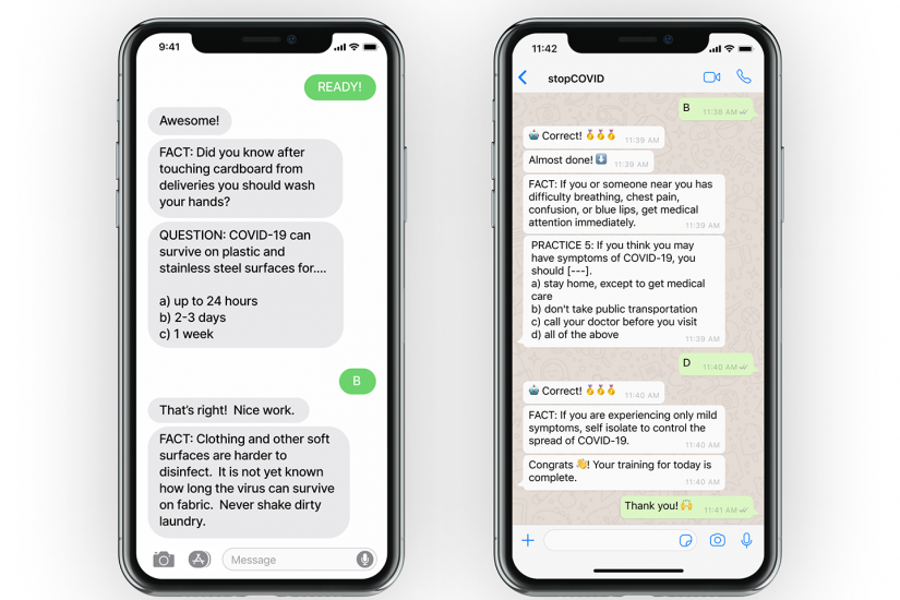 Phone screens show coronavirus training messages