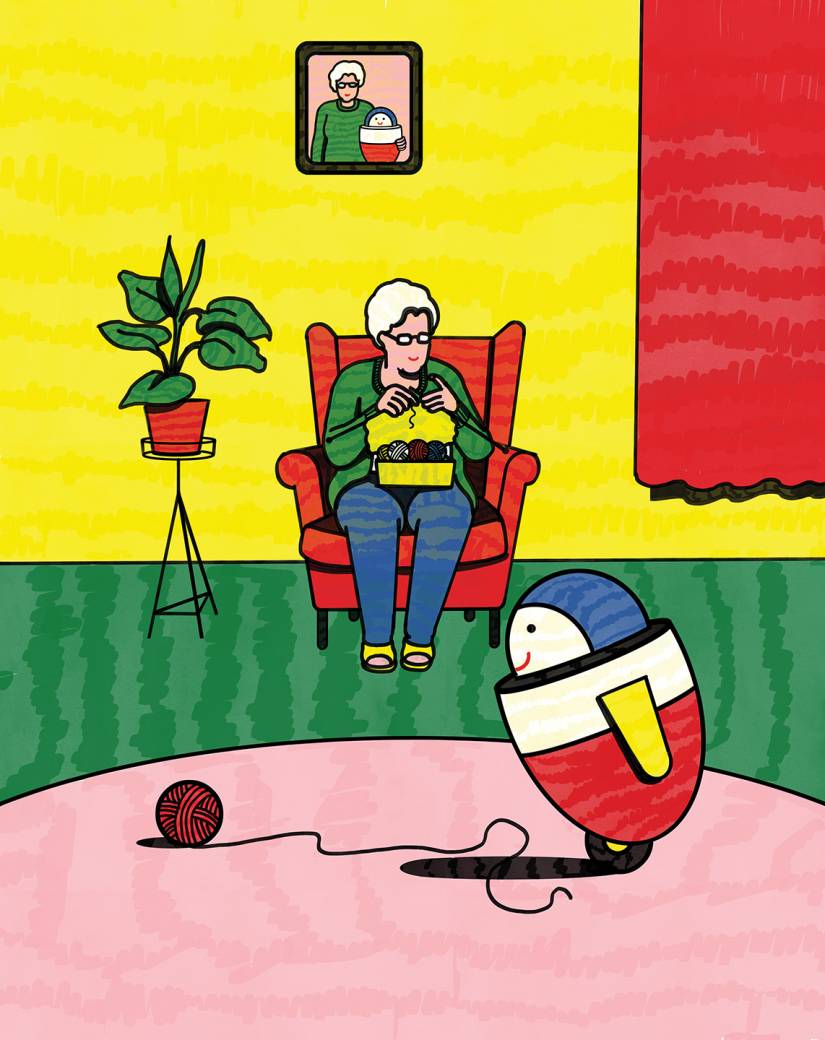 Illustration of robot playing while elderly woman knits