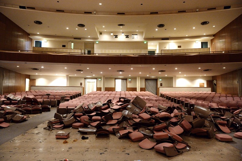 Inside Shriver Hall, mountains of chairs begin to me pulled up and removed from the ground.