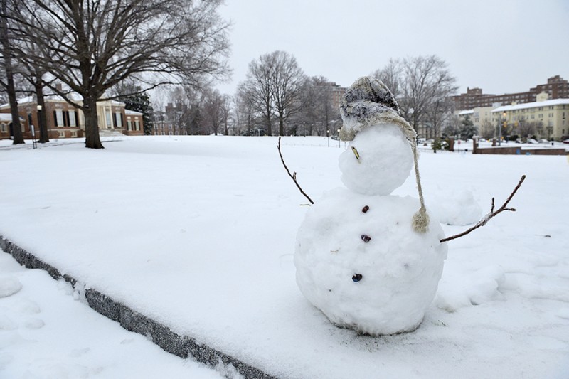 A two-tiered snowman on the JHU's campus