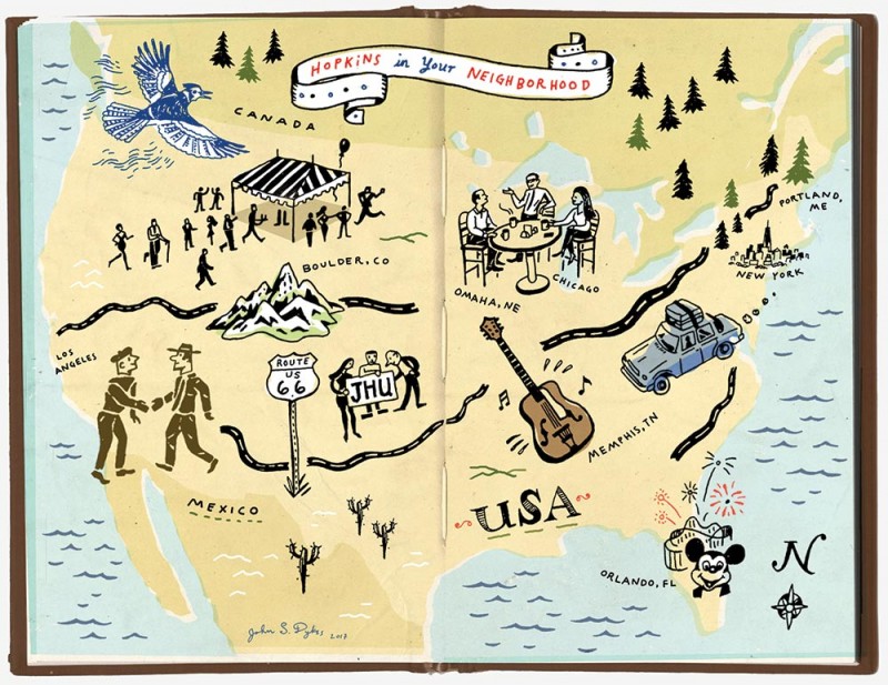 Illustration depicts a drawing of the U.S. with various landmarks drawn out--a guitar for Memphis TN, Mickey Mouse in FL, a skyline of New York City
