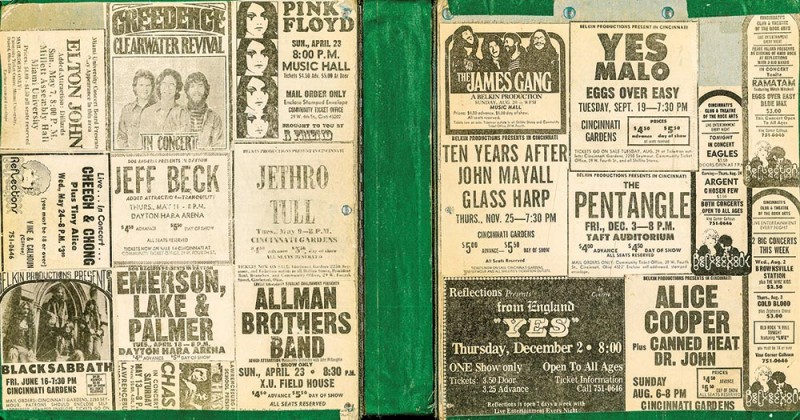 Collage of newspaper clippings includes ads for performances by Jethro Tull, Elton John, Cheech and Chong, Jeff Beck, Alice Cooper, many others