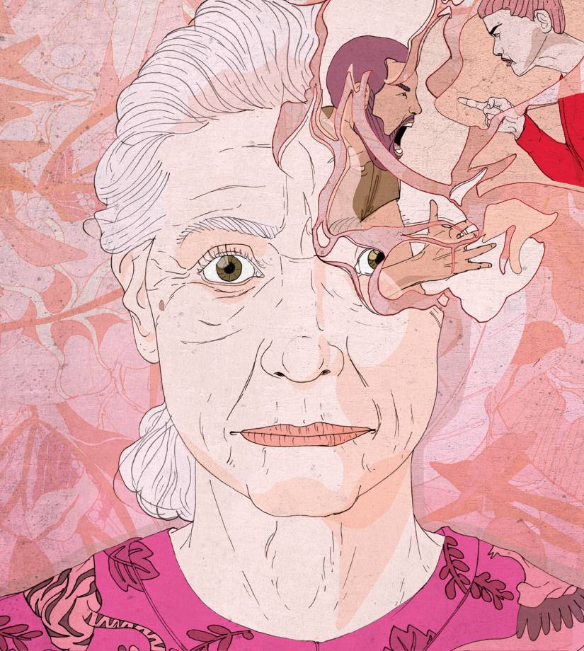 Conceptual illustration of an older woman remembering a traumatic event