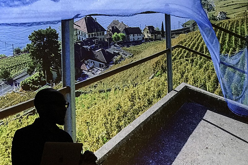An image is projected on a screen showing a hilltop vineyard with a blue net cascading in the wind. In the lower left corner of the image, there is the silhouette of a man with thick glasses