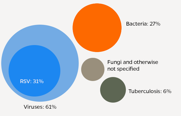 Infographic shows the leading causes of pneumonia including viruses, fungi, and bacteria