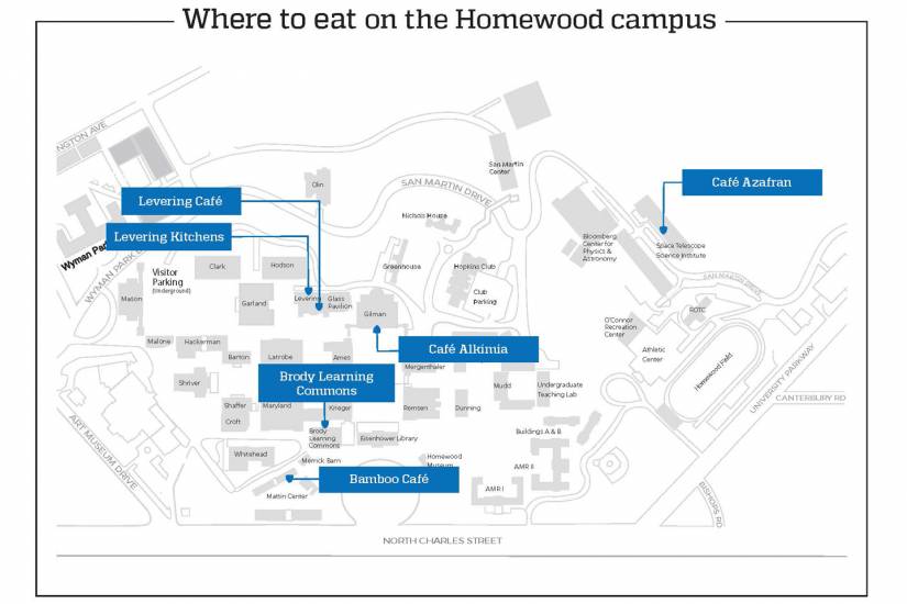 Homewood campus map showing locations of restaurants in story
