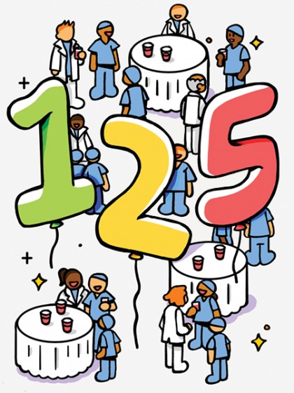 Illustration shows doctors mingling at tables with giant balloons reading 125