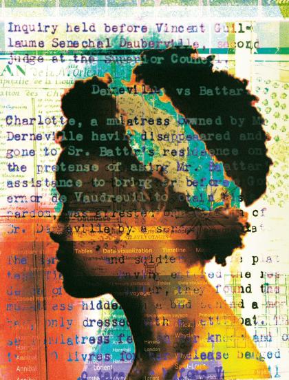 A collage of a young Black woman facing away from the camera, overlaid with text from archival research into slavery