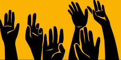 Illustration of black hands and arms reaching to the sky against a yellow background