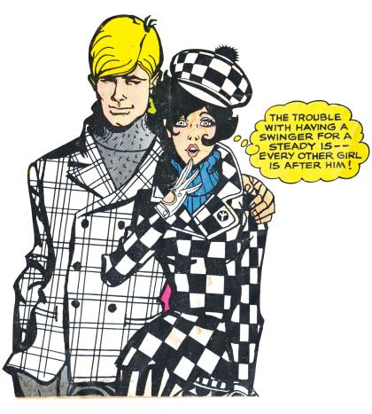 A man has his arm around a woman dressed in 1960s attire. A thought bubble next to her reads: 