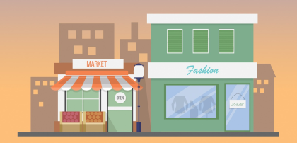 Illustration of small, local-owned businesses on a downtown street
