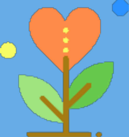 Semi-pixelated graphic of a flower with an orange bloom in the shape of a heart