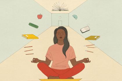 A teen meditates as school supplies float around her