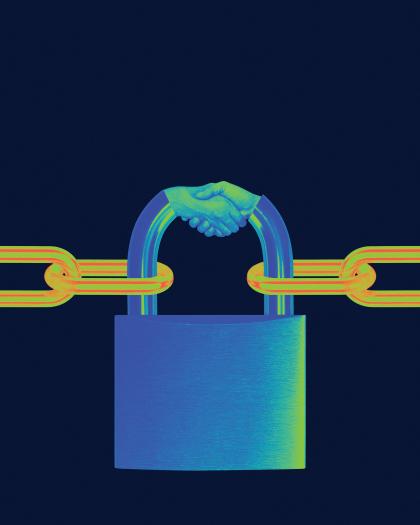 Illustration of a handshake incorporated into a padlock. The padlock is holding together chainlinks.
