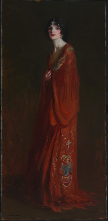 Robert Henri's The Red Shawl, a large, full-length portrait of a figure in dark red against a black background.