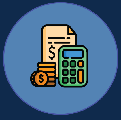 Illustration of a stack of coins, a calculator, and a bill