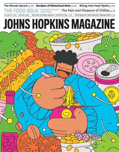 An illustration of a person eating ramen on the cover of Johns Hopkins Magazine
