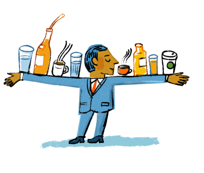 Illustration of a man in a suit with his arms outstretched. Atop his arms are various drinks, including coffee and water.
