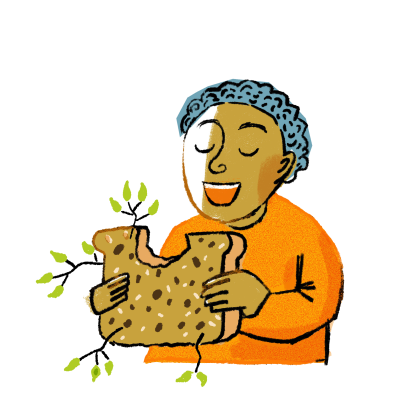 Illustration of a person in an orange sweater holding a piece of sprouted bread