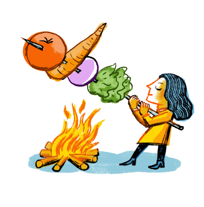 Illustration of a woman roasting vegetables over a fire
