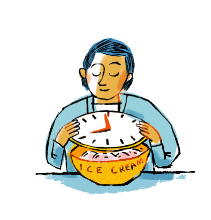 Illustration of a person holding a clock over a bowl of ice cream