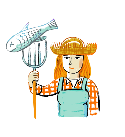 Illustration of a farmer in coveralls holding a pitchfork. On the spears of the pitchfork is a fish.