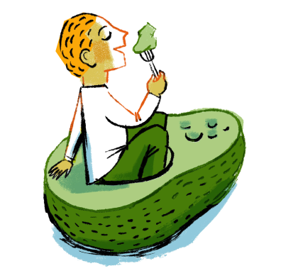 Illustration of a man sitting inside of an avocado, holding a chunk of avocado on a fork