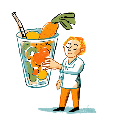 Illustration of a person holding a giant glass full of vegetables, including a carrot